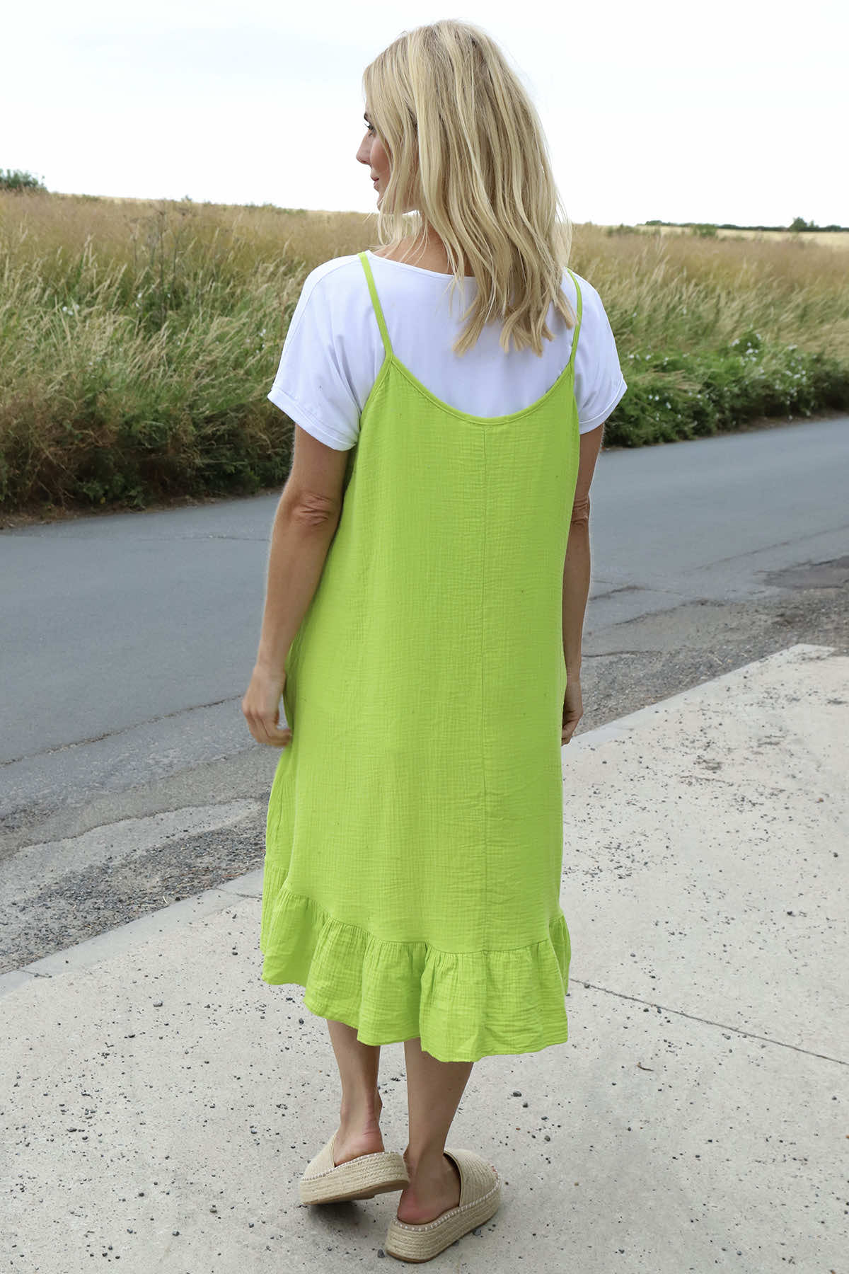 Rosaria Strap Crinkle Cotton Dress Lime