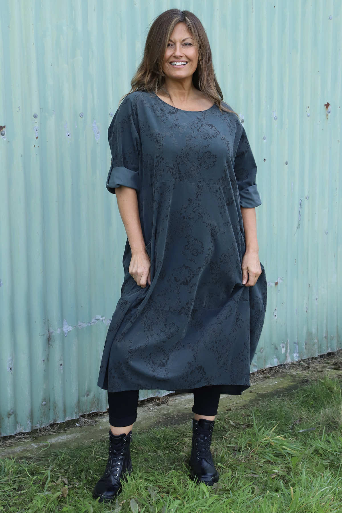 Penelope Pattern Pocket Needlecord Dress Charcoal