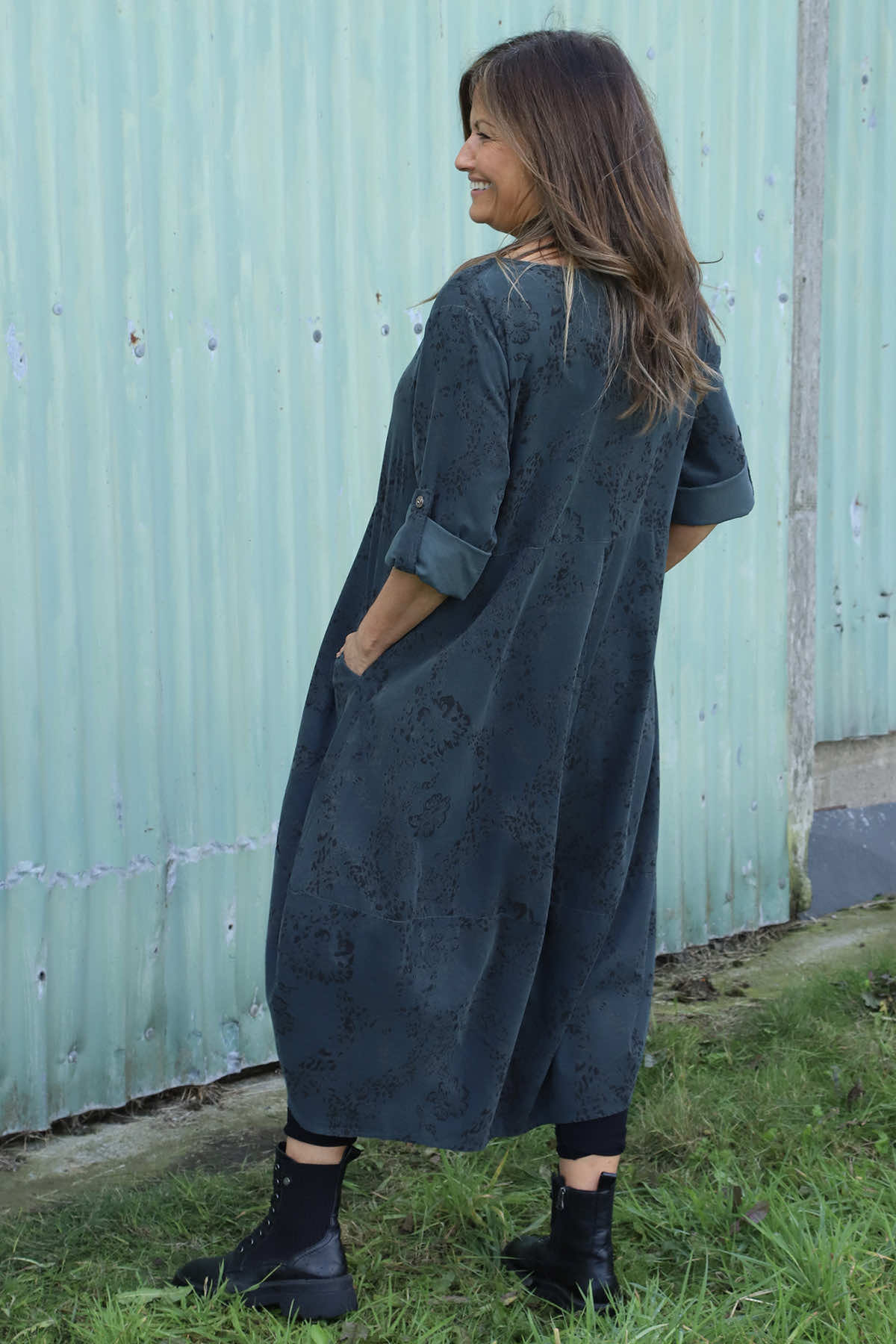 Penelope Pattern Pocket Needlecord Dress Charcoal