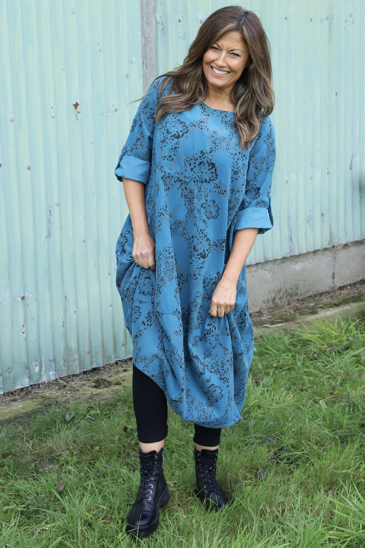 Penelope Pattern Pocket Needlecord Dress Teal