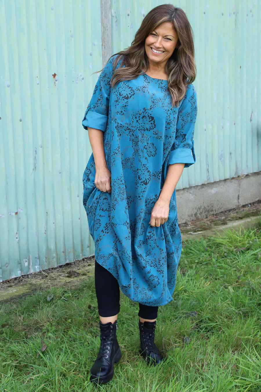 Penelope Pattern Pocket Needlecord Dress Teal