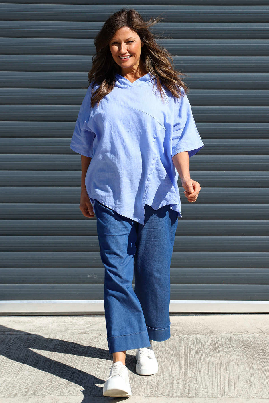 Annalee Hooded Linen Top Powder Blue