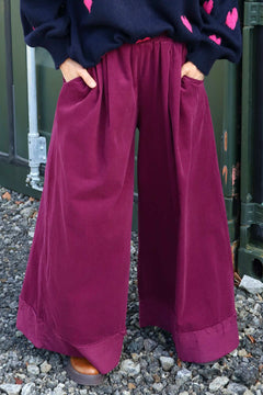 Odette Wide Leg Needlecord Trousers Burgundy