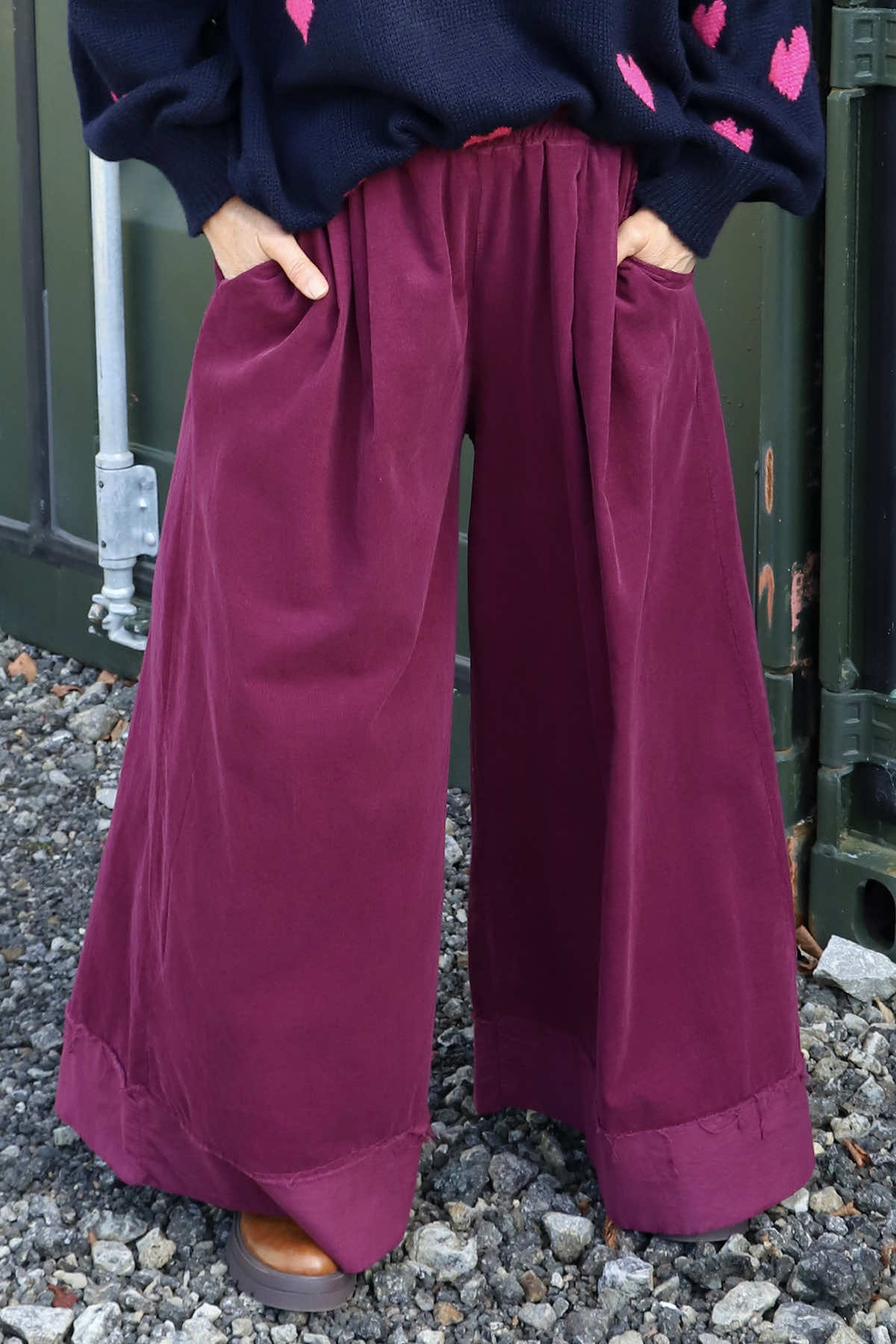 Odette Wide Leg Needlecord Trousers Burgundy