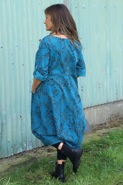 Penelope Pattern Pocket Needlecord Dress Teal - Image 4