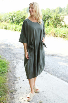 Cadie Crochet Detail Linen Dress Dark Khaki