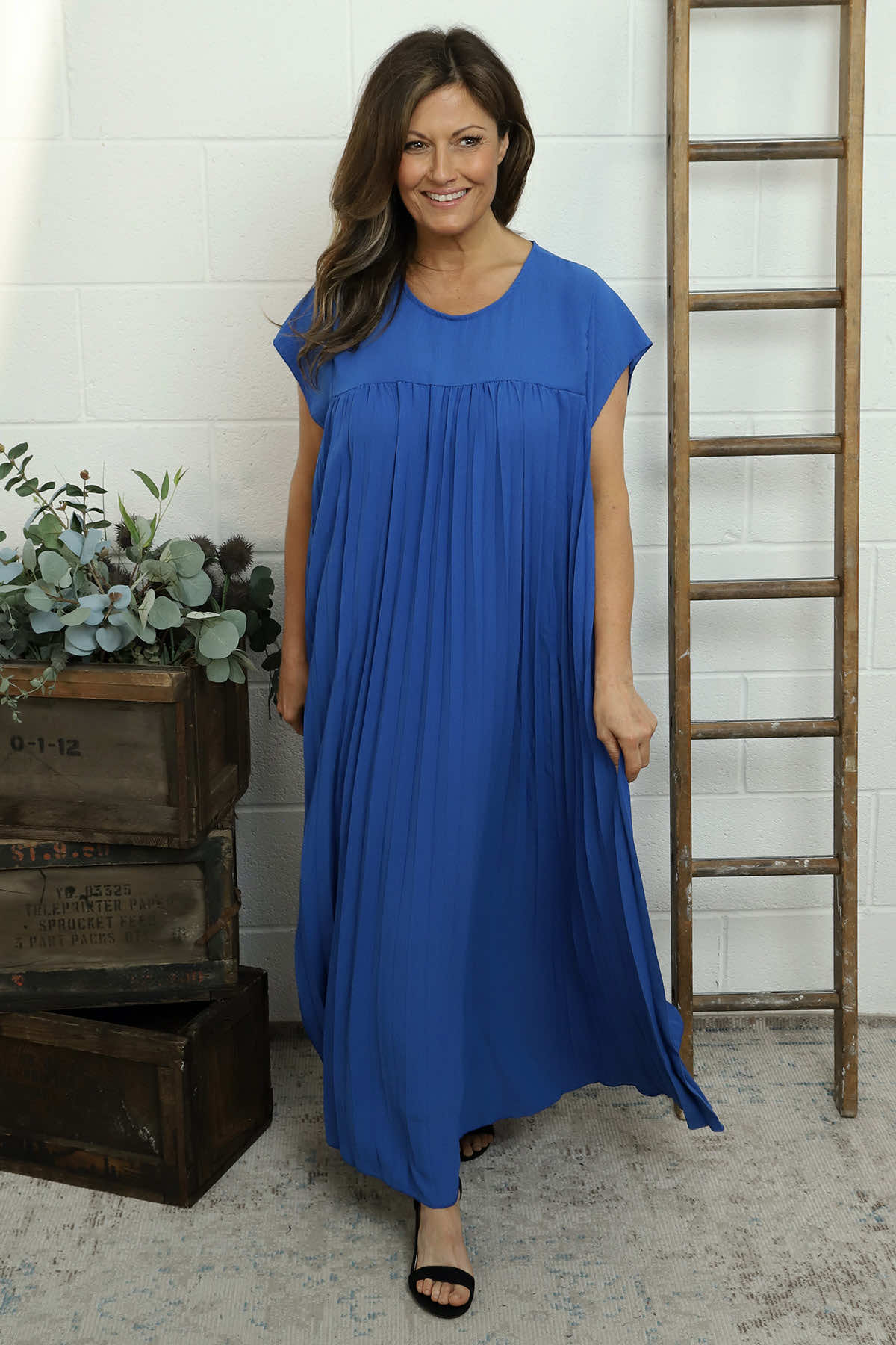 Renata Pleated Dress Cobalt