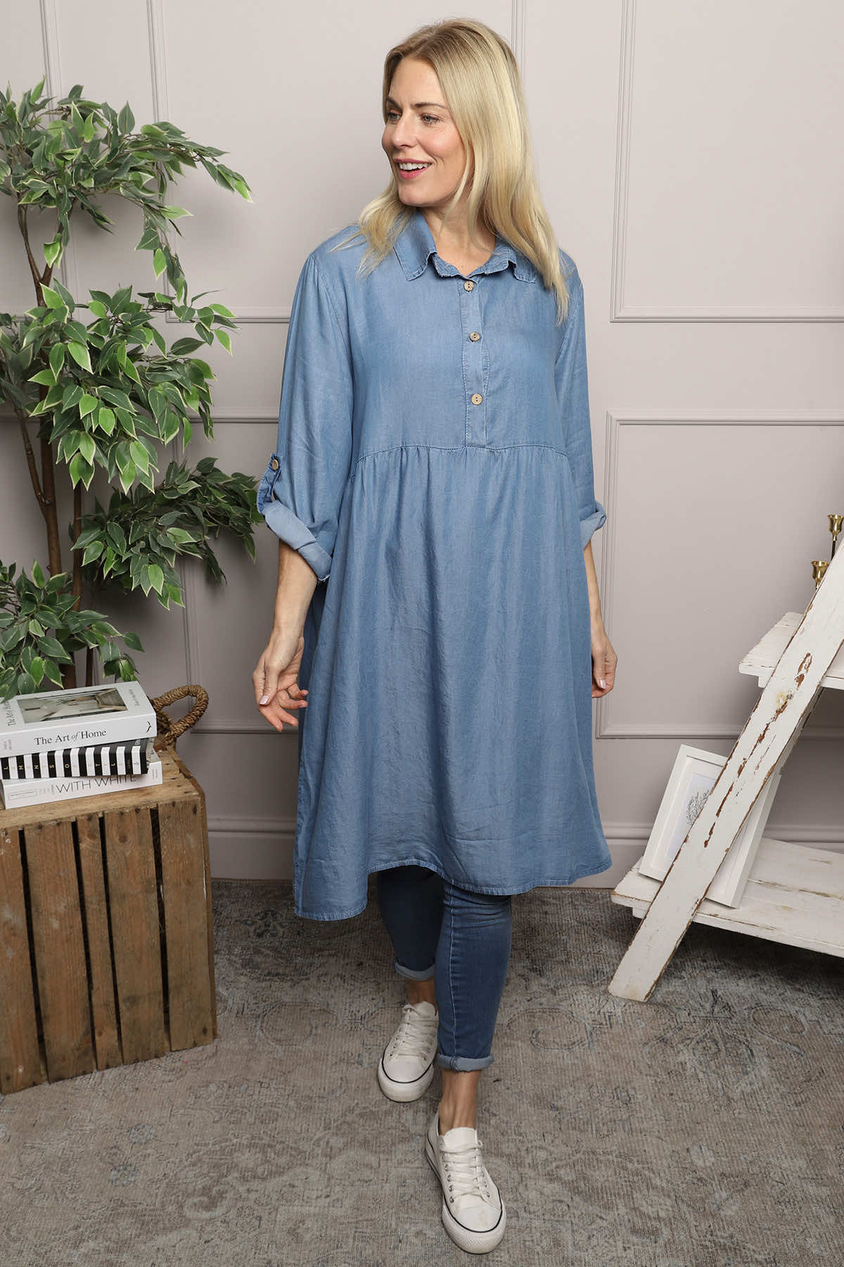Bronwyn Denim Button Tunic Mid Denim