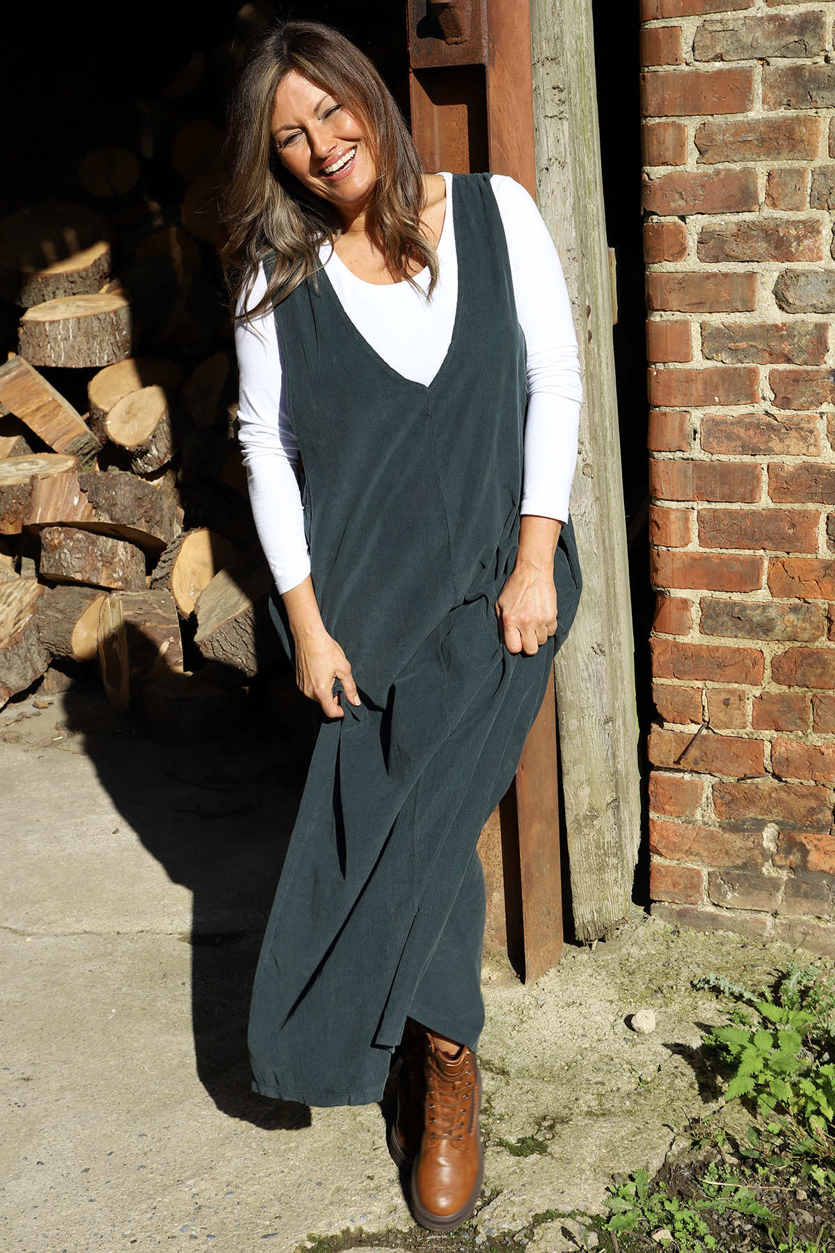 Cara Needlecord Dress Charcoal