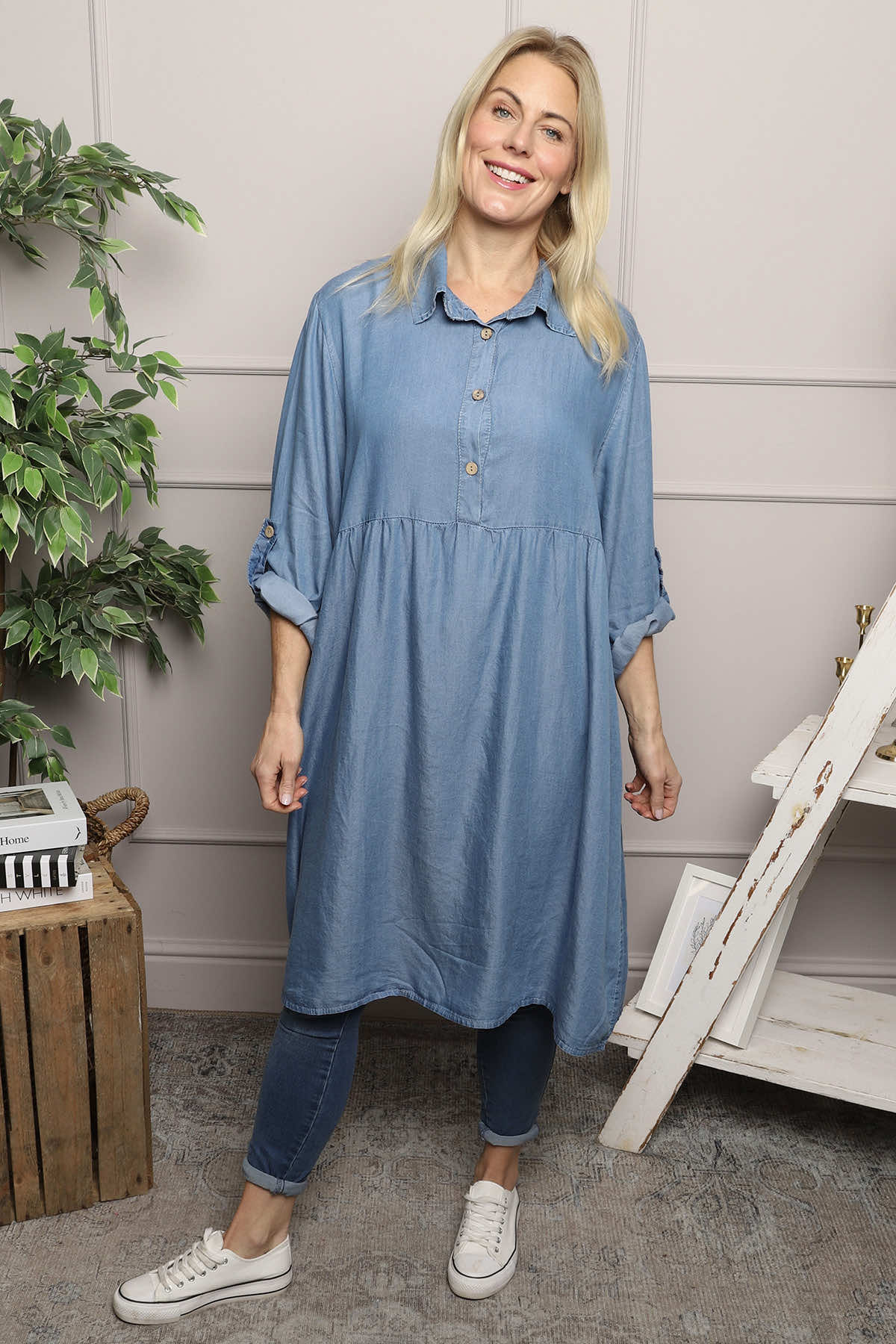 Bronwyn Denim Button Tunic Mid Denim