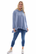 Jeyda Hooded Frill Cotton Top Blue Blue - Jeyda Hooded Frill Cotton Top Blue
