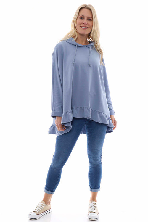 Jeyda Hooded Frill Cotton Top Blue - Image 1