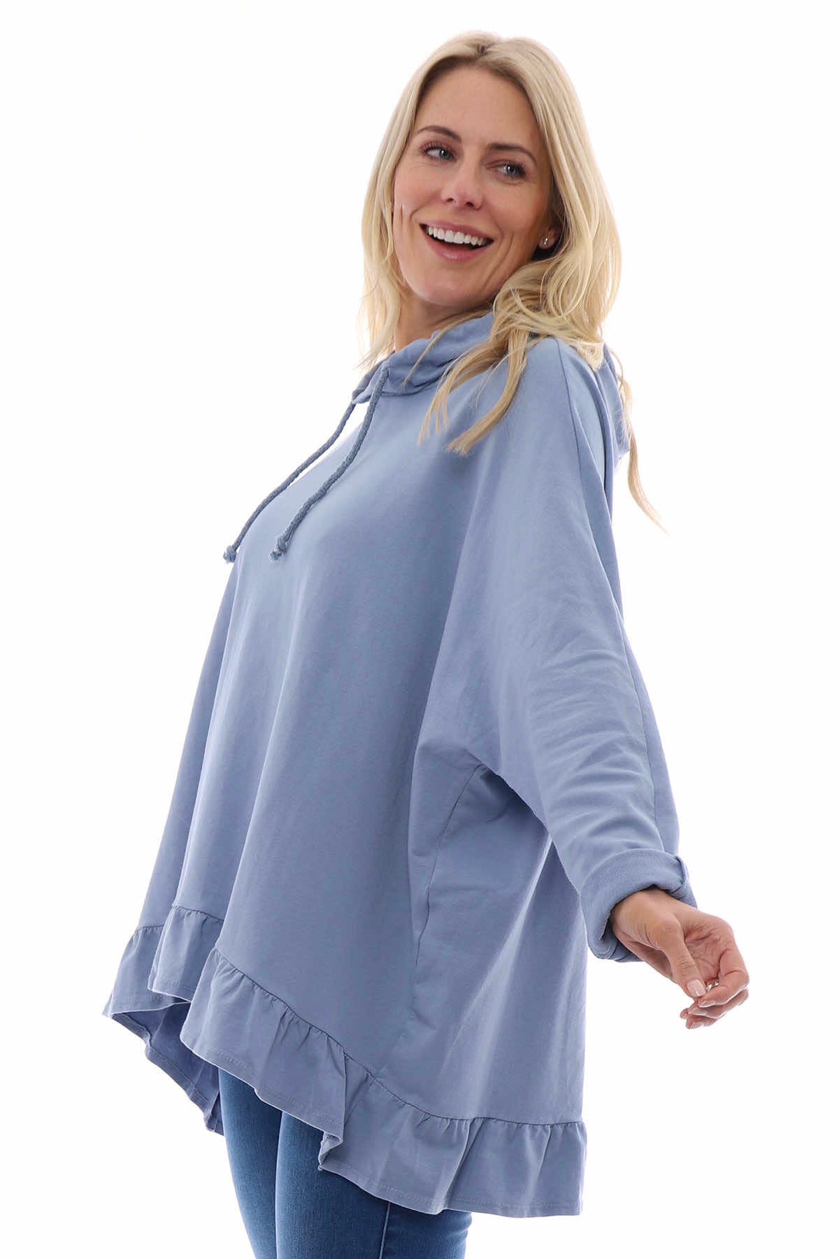 Jeyda Hooded Frill Cotton Top Blue