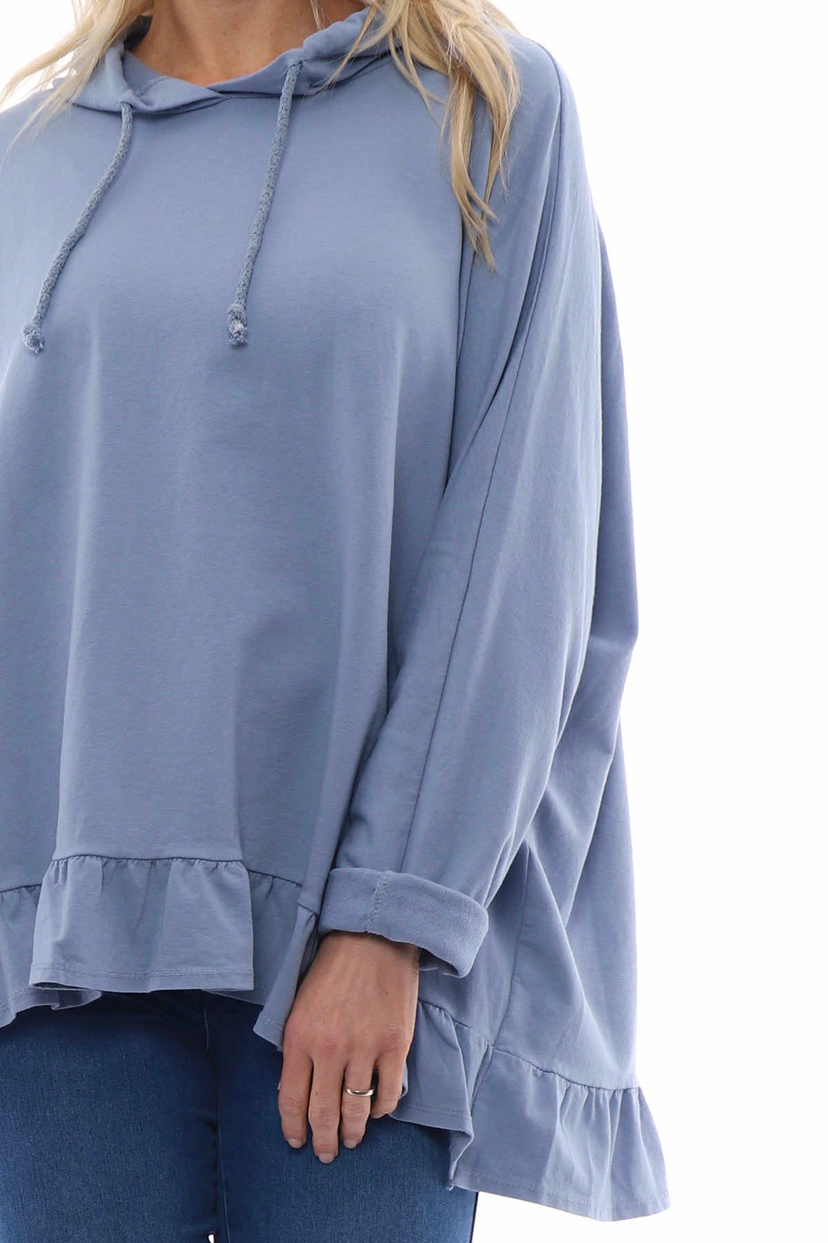 Jeyda Hooded Frill Cotton Top Blue