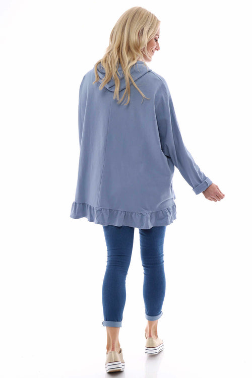 Jeyda Hooded Frill Cotton Top Blue - Image 5