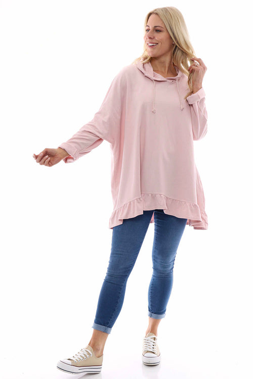 Jeyda Hooded Frill Cotton Top Pink