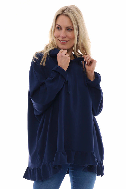 Jeyda Hooded Frill Cotton Top Navy