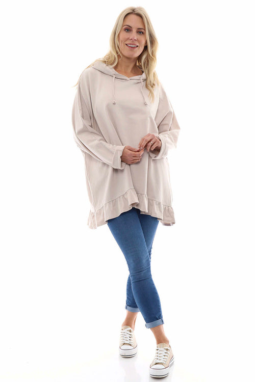 Jeyda Hooded Frill Cotton Top Stone