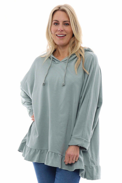 Jeyda Hooded Frill Cotton Top Sage Green