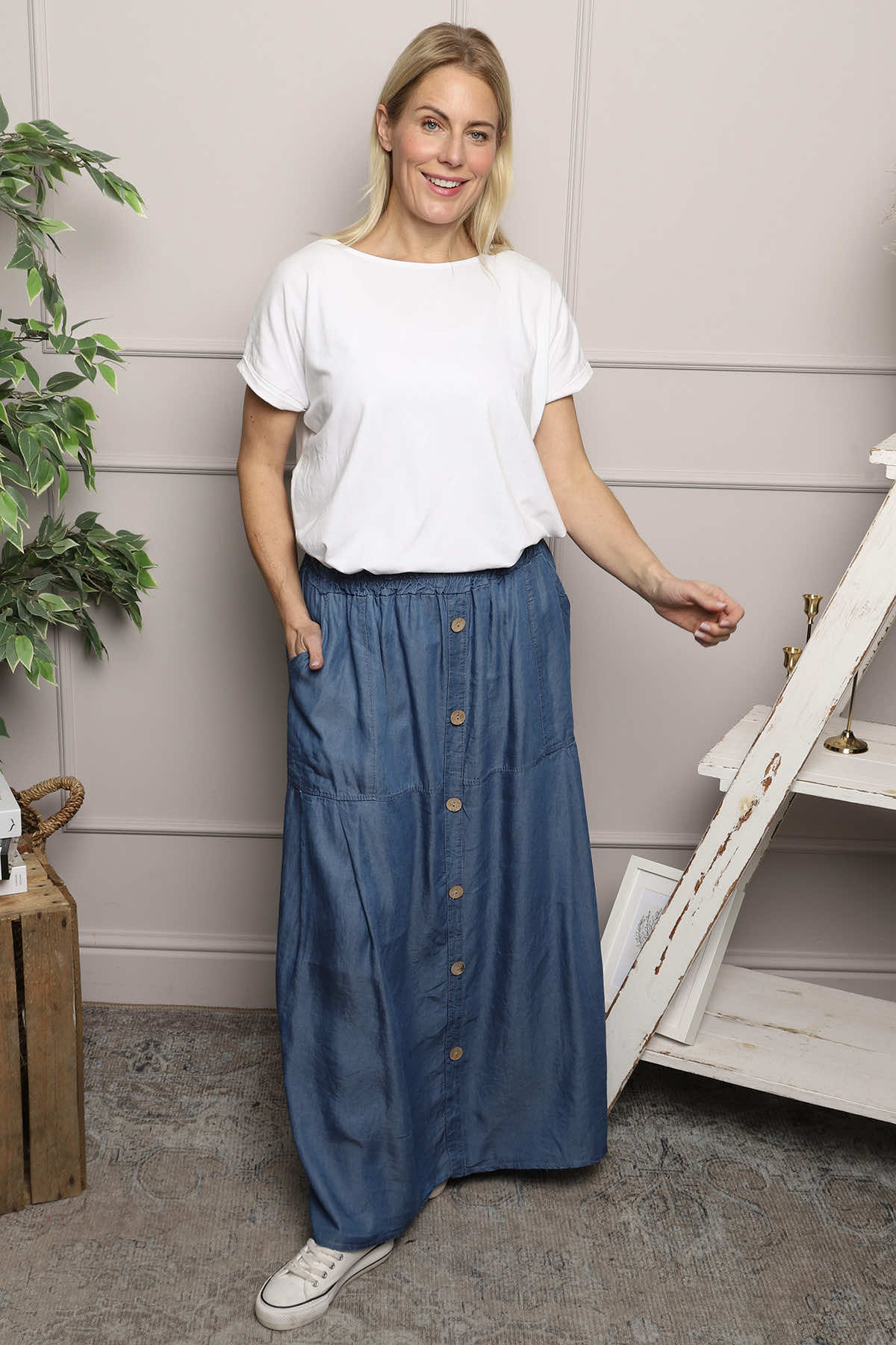 Docia Button Denim Skirt Mid Denim