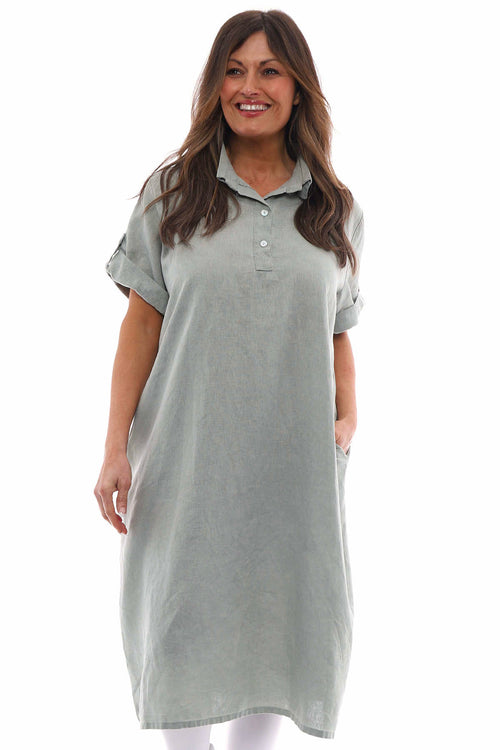 Idina Washed Button Back Linen Dress Khaki - Image 5