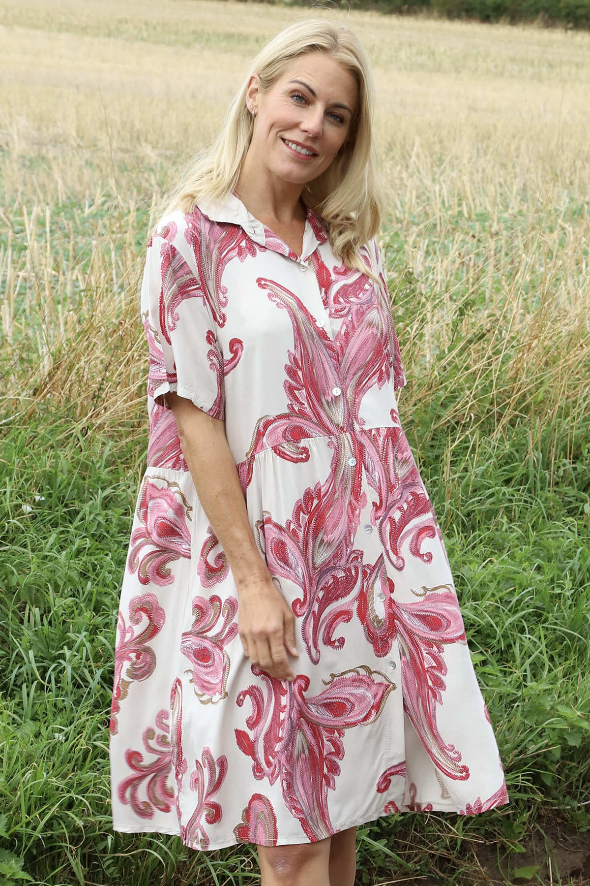 Jojo Print Button Dress Stone