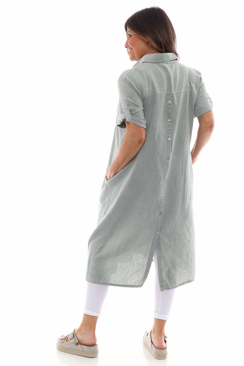 Idina Washed Button Back Linen Dress Khaki - Image 4