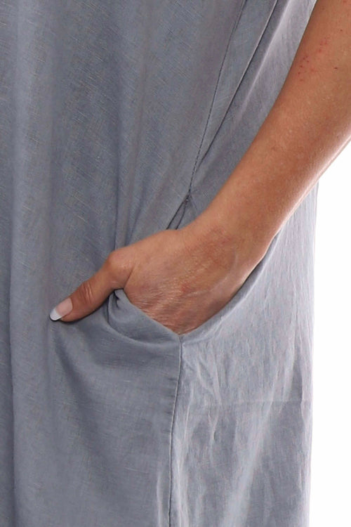 Idina Washed Button Back Linen Dress Mid Grey - Image 3