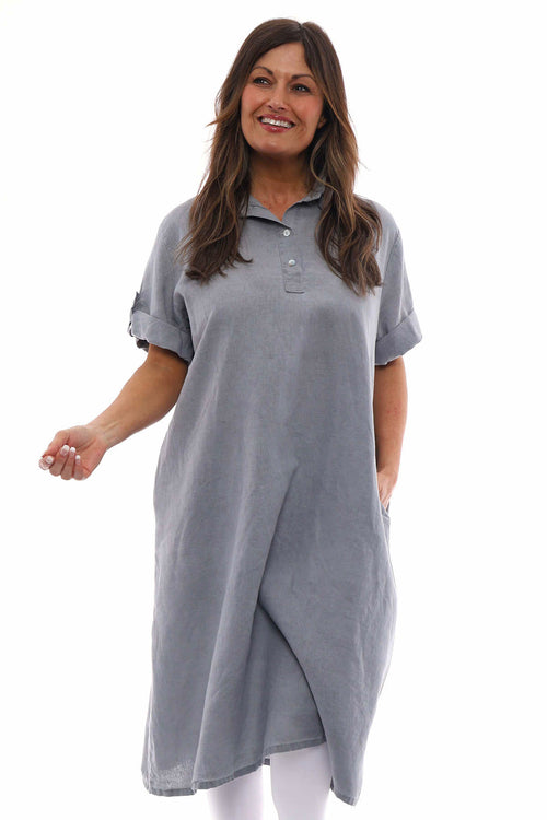 Idina Washed Button Back Linen Dress Mid Grey - Image 5