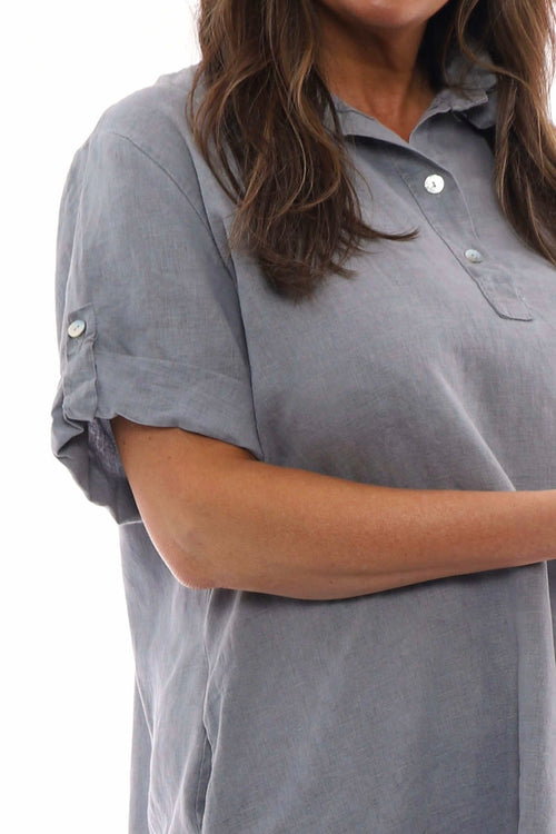 Idina Washed Button Back Linen Dress Mid Grey - Image 2