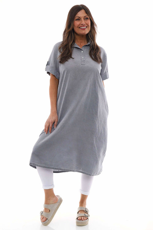 Idina Washed Button Back Linen Dress Mid Grey - Image 1