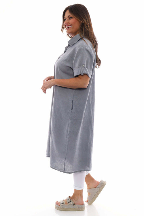 Idina Washed Button Back Linen Dress Mid Grey - Image 6