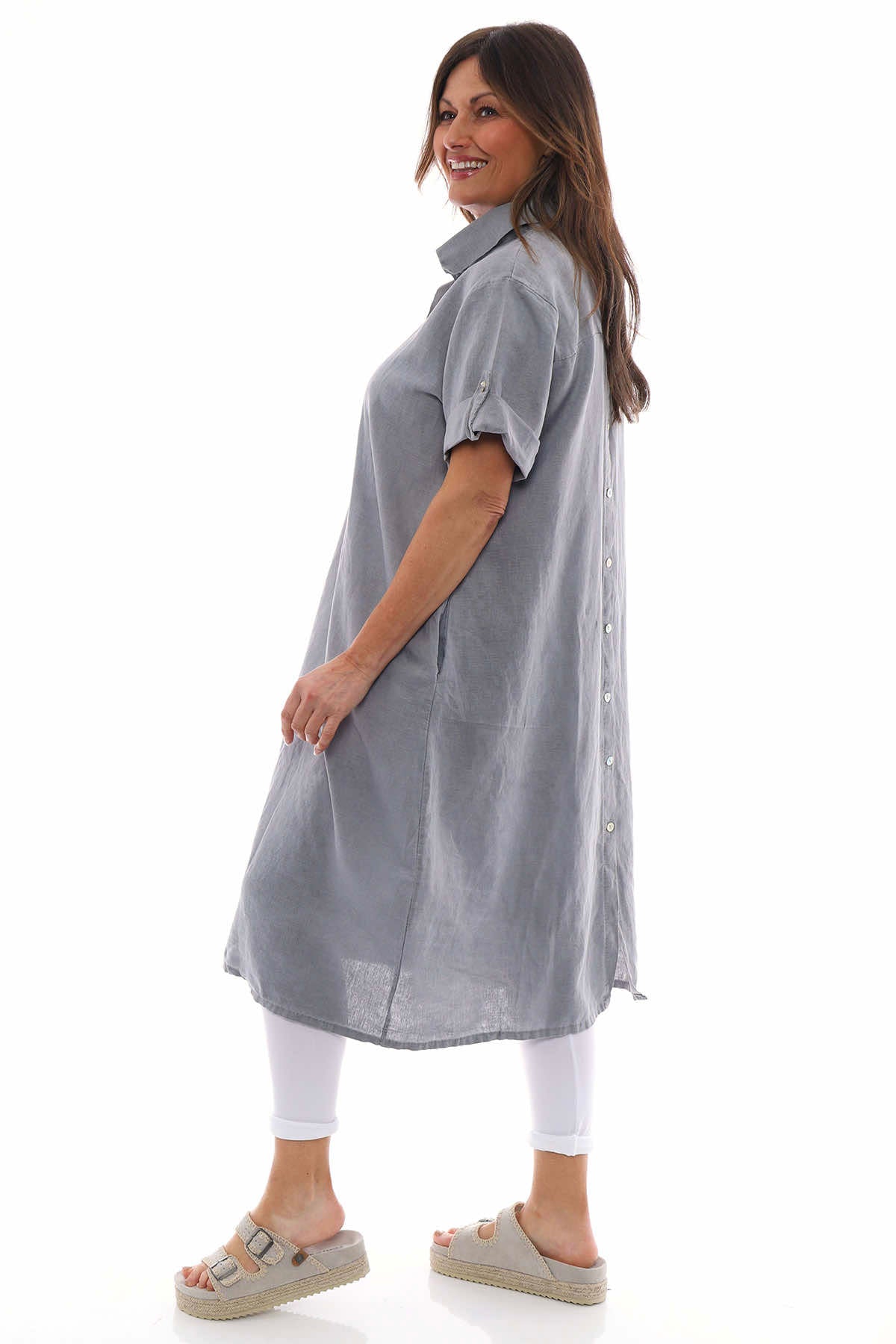 Idina Washed Button Back Linen Dress Mid Grey