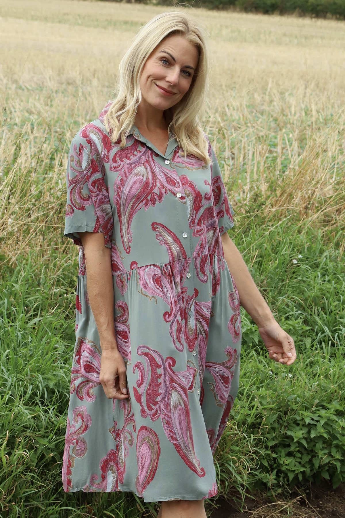 Jojo Print Button Dress Khaki