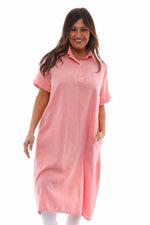 Idina Washed Button Back Linen Dress Coral Coral - Idina Washed Button Back Linen Dress Coral