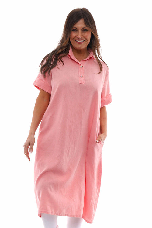Idina Washed Button Back Linen Dress Coral - Image 1