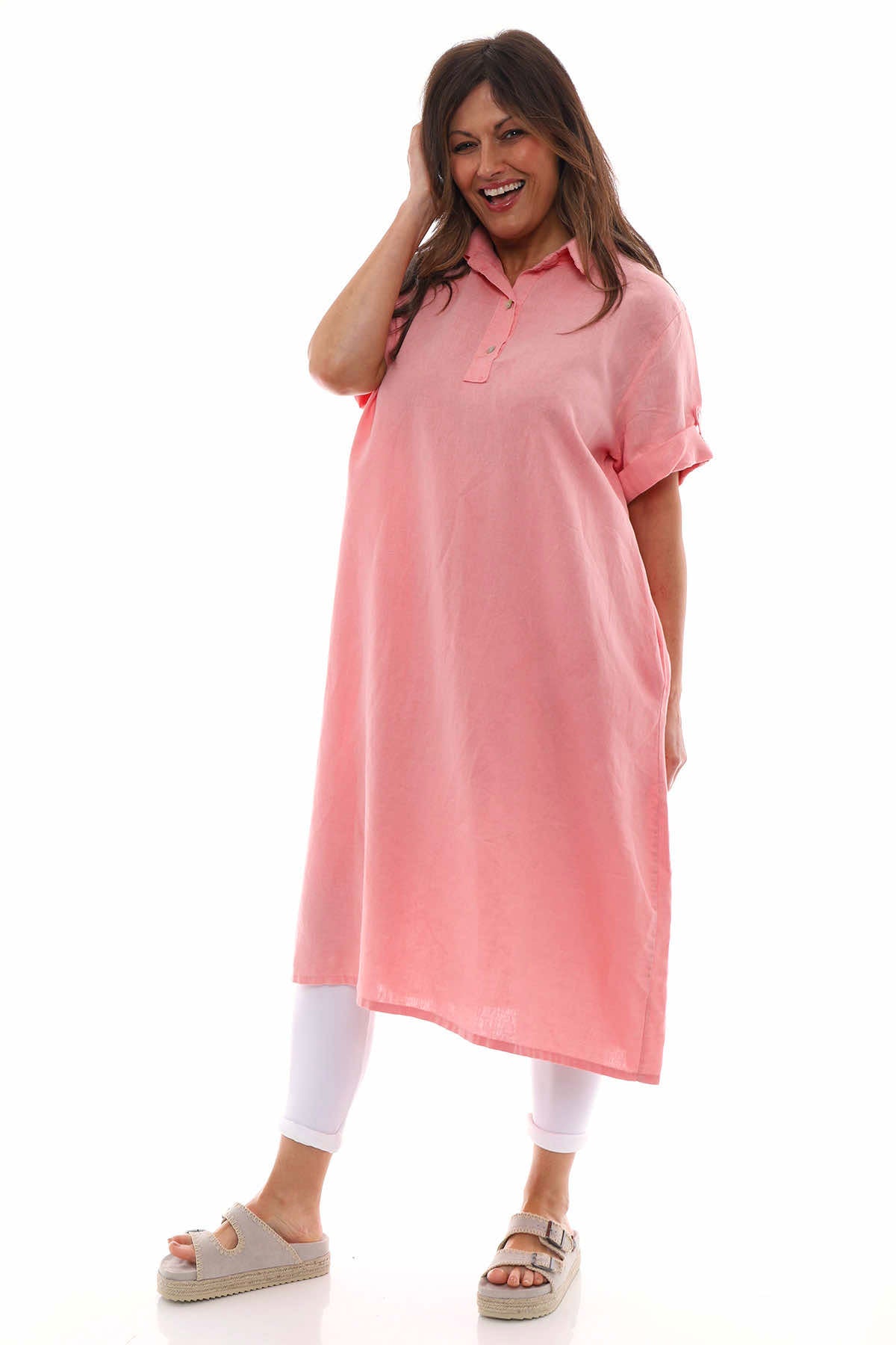 Idina Washed Button Back Linen Dress Coral