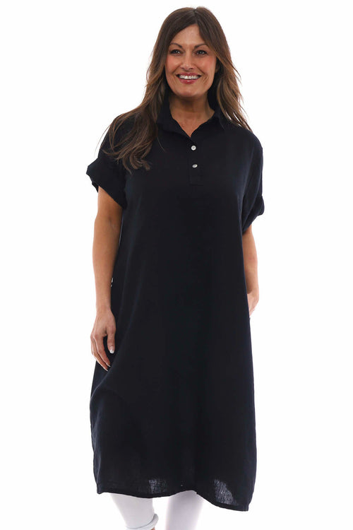 Idina Washed Button Back Linen Dress Black - Image 1