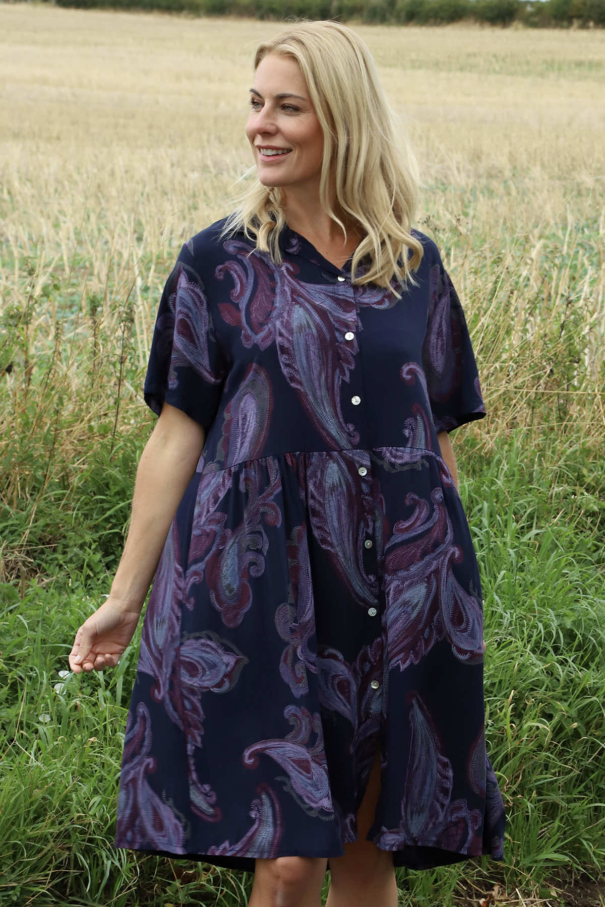 Jojo Print Button Dress Navy