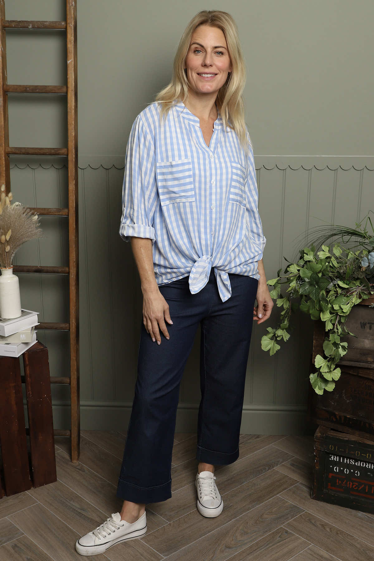 Jaynie Gingham Tie Front Shirt Powder Blue