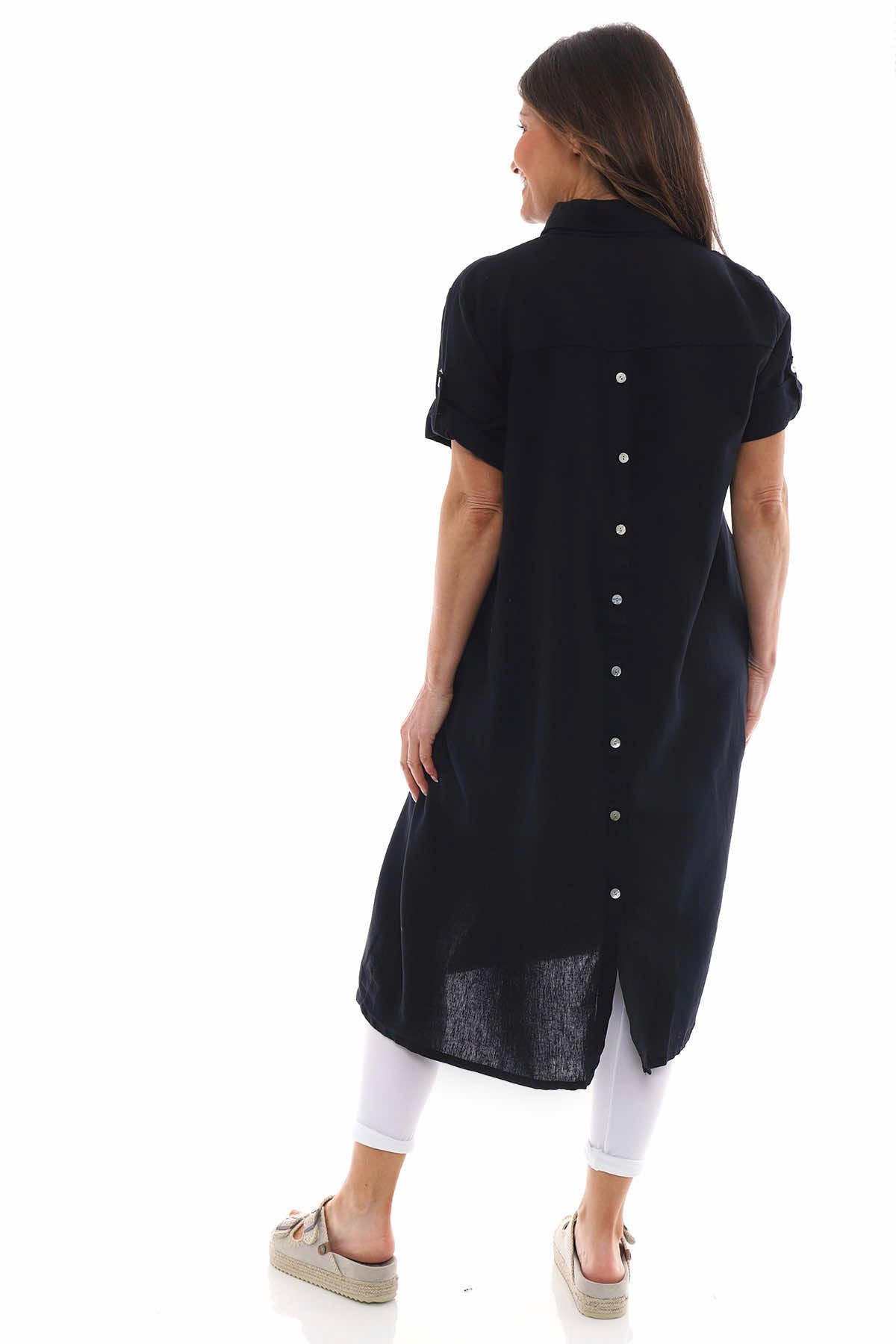 Idina Washed Button Back Linen Dress Black