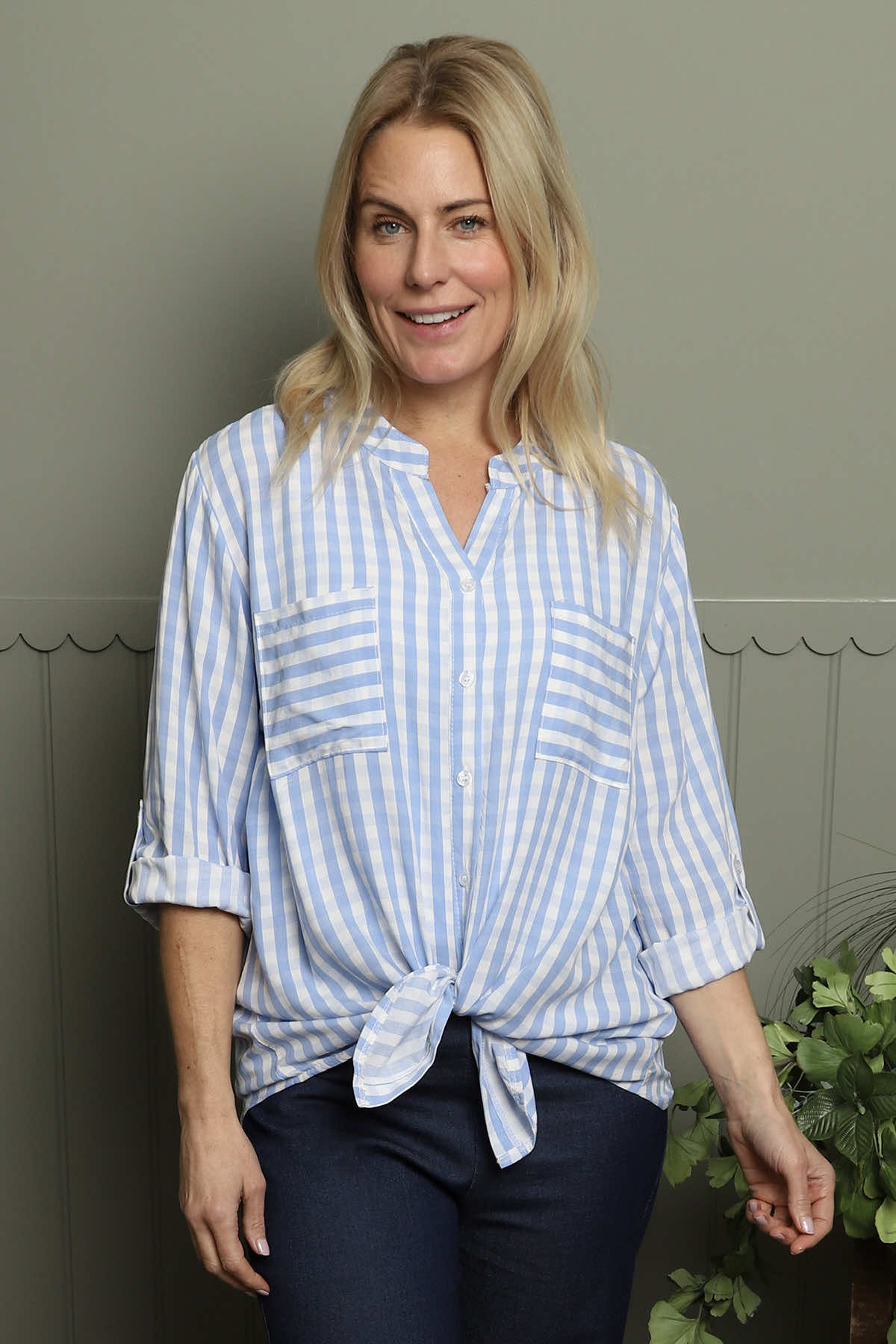 Jaynie Gingham Tie Front Shirt Powder Blue