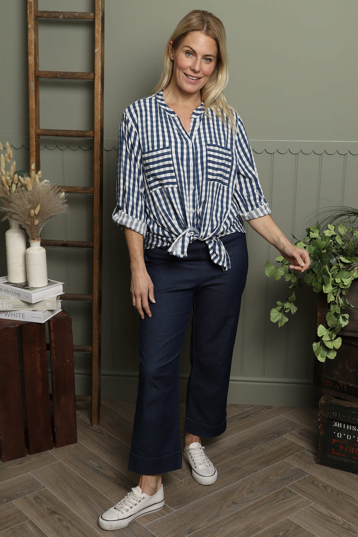 Jaynie Gingham Tie Front Shirt Navy