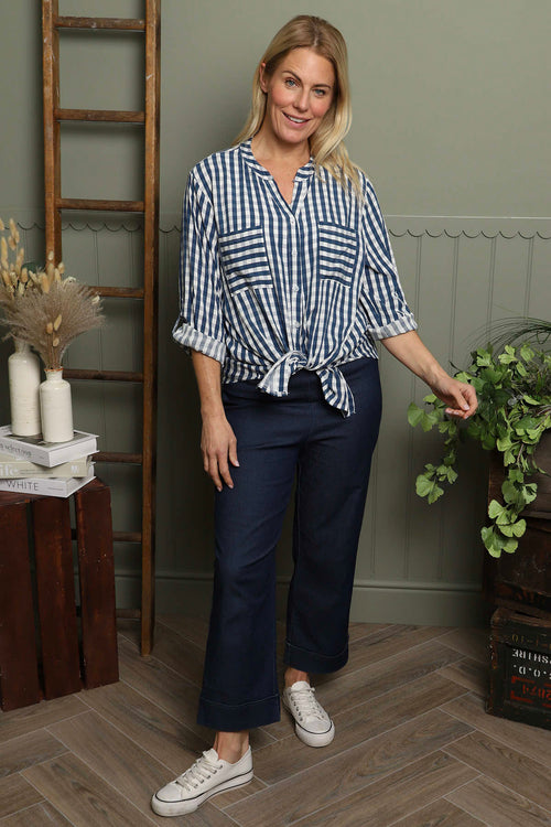 Jaynie Gingham Tie Front Shirt Navy - Image 2