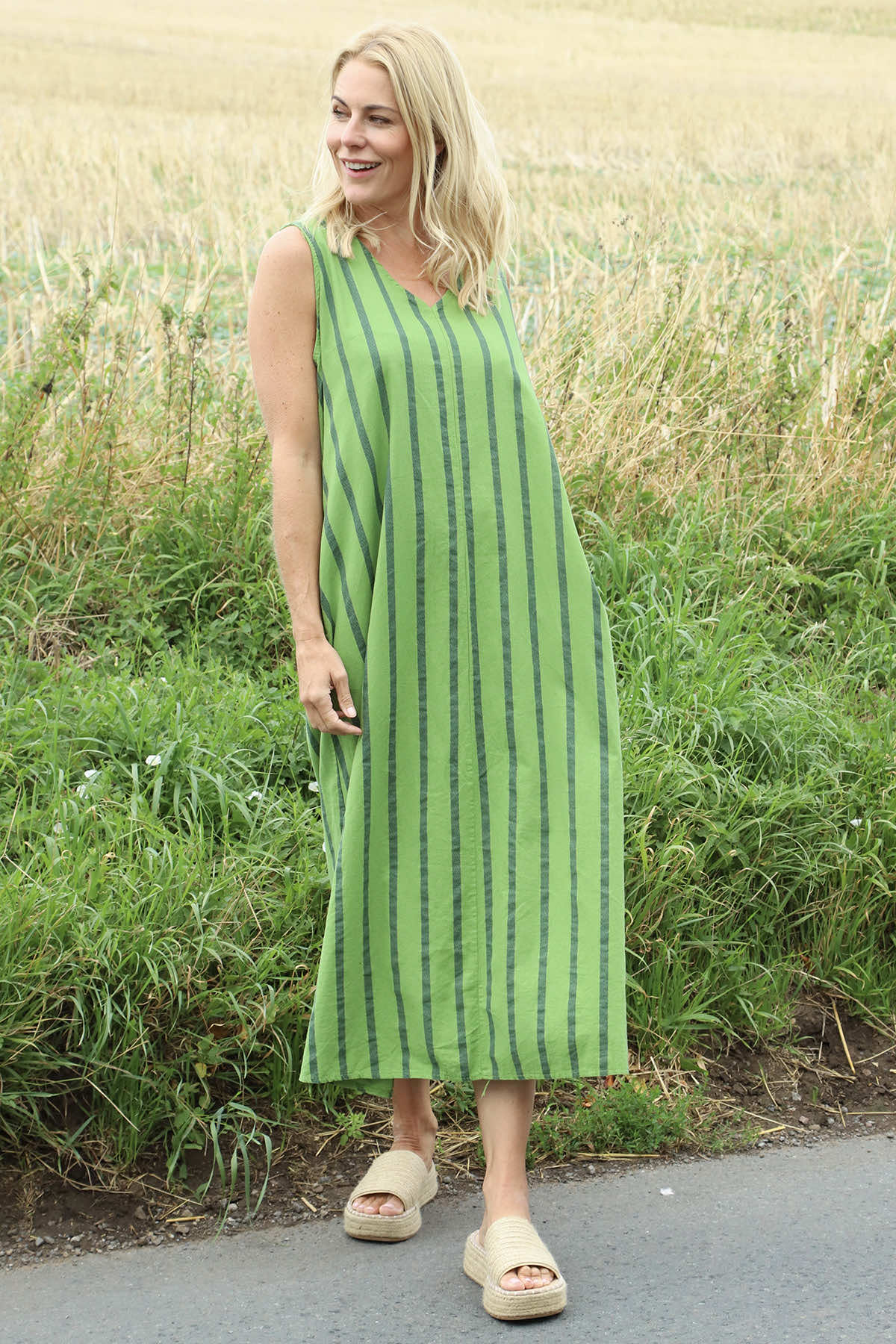 Michaela Linen Sleeveless Stripe Dress Green