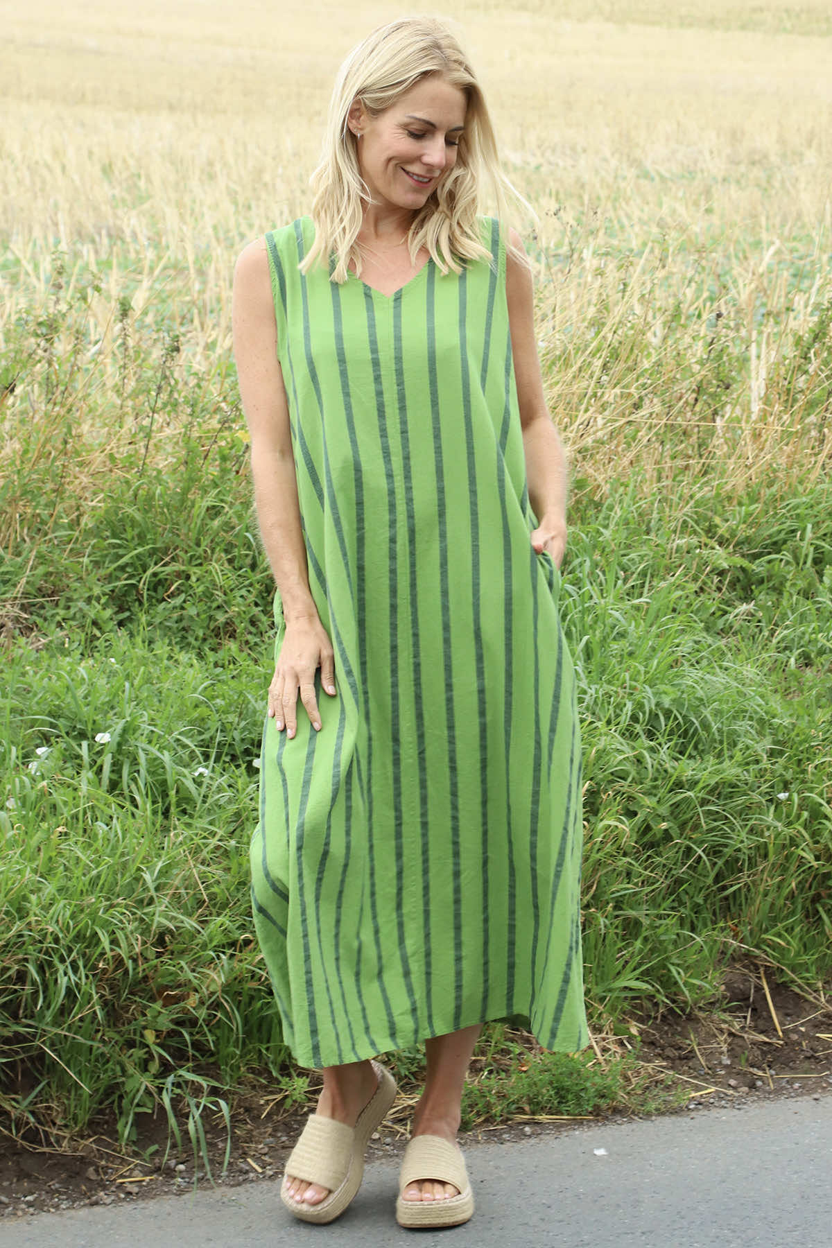 Michaela Linen Sleeveless Stripe Dress Green