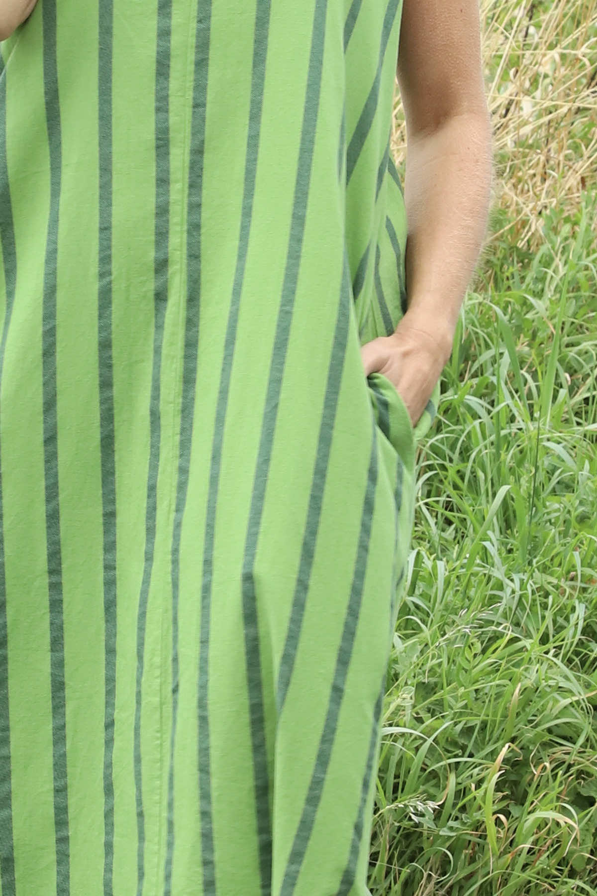 Michaela Linen Sleeveless Stripe Dress Green