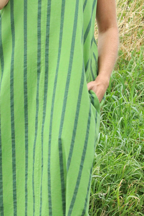 Michaela Linen Sleeveless Stripe Dress Green - Image 3