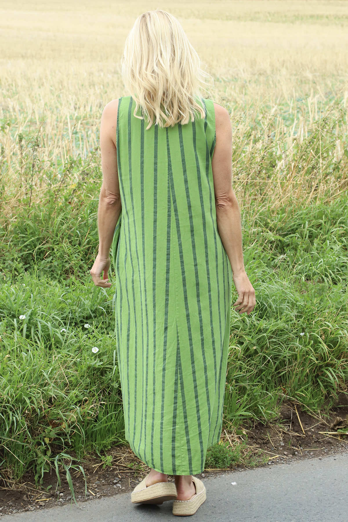 Michaela Linen Sleeveless Stripe Dress Green
