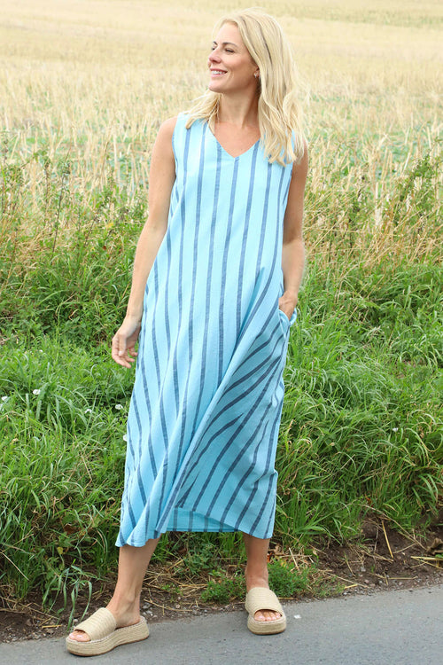 Michaela Linen Sleeveless Stripe Dress Light Blue - Image 1